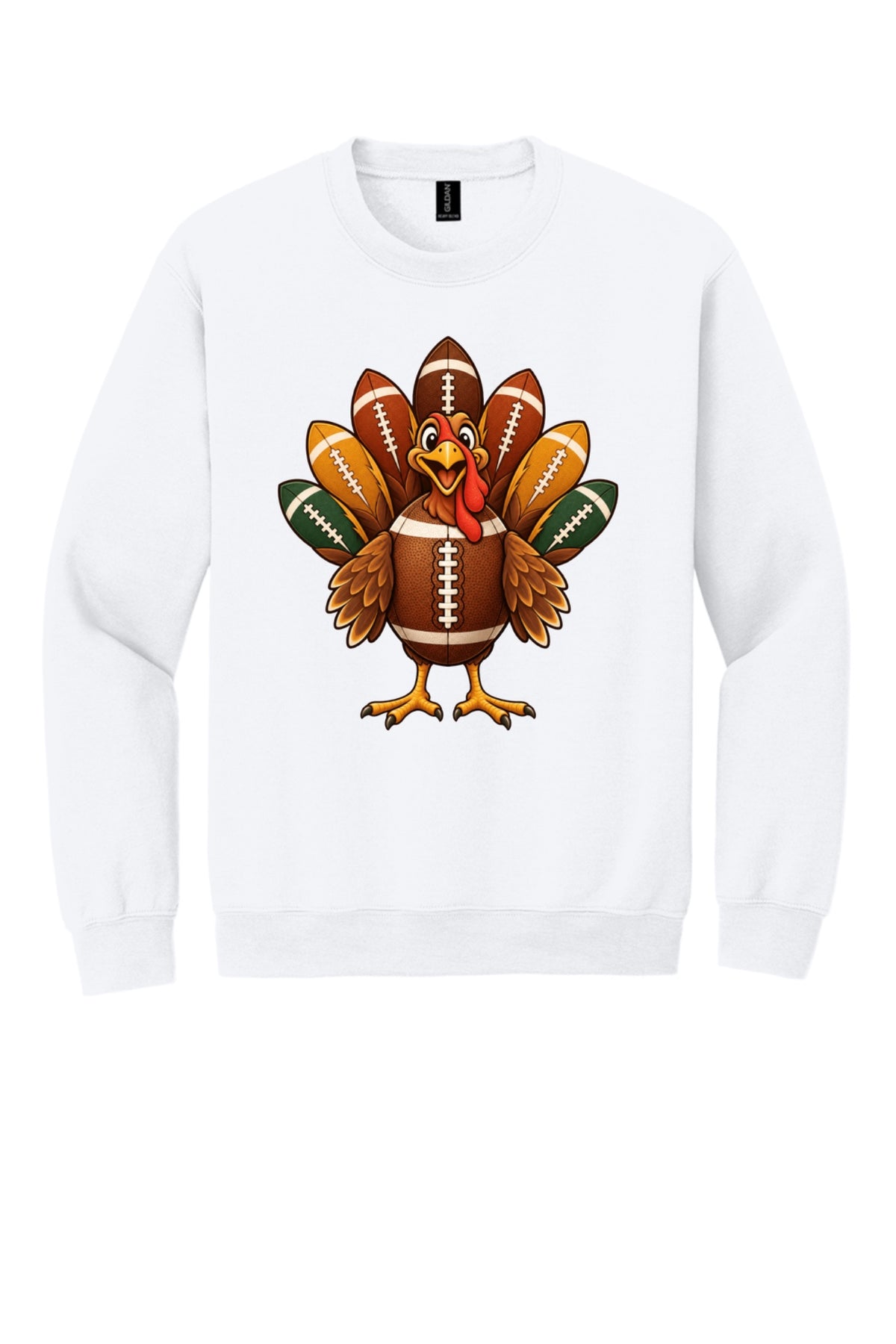 Football turkey cartoon crewneck sweatshirt DTF printed Thanksgiving design on Gildan 18000 in White
