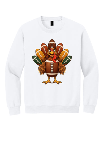Football turkey cartoon crewneck sweatshirt DTF printed Thanksgiving design on Gildan 18000 in White