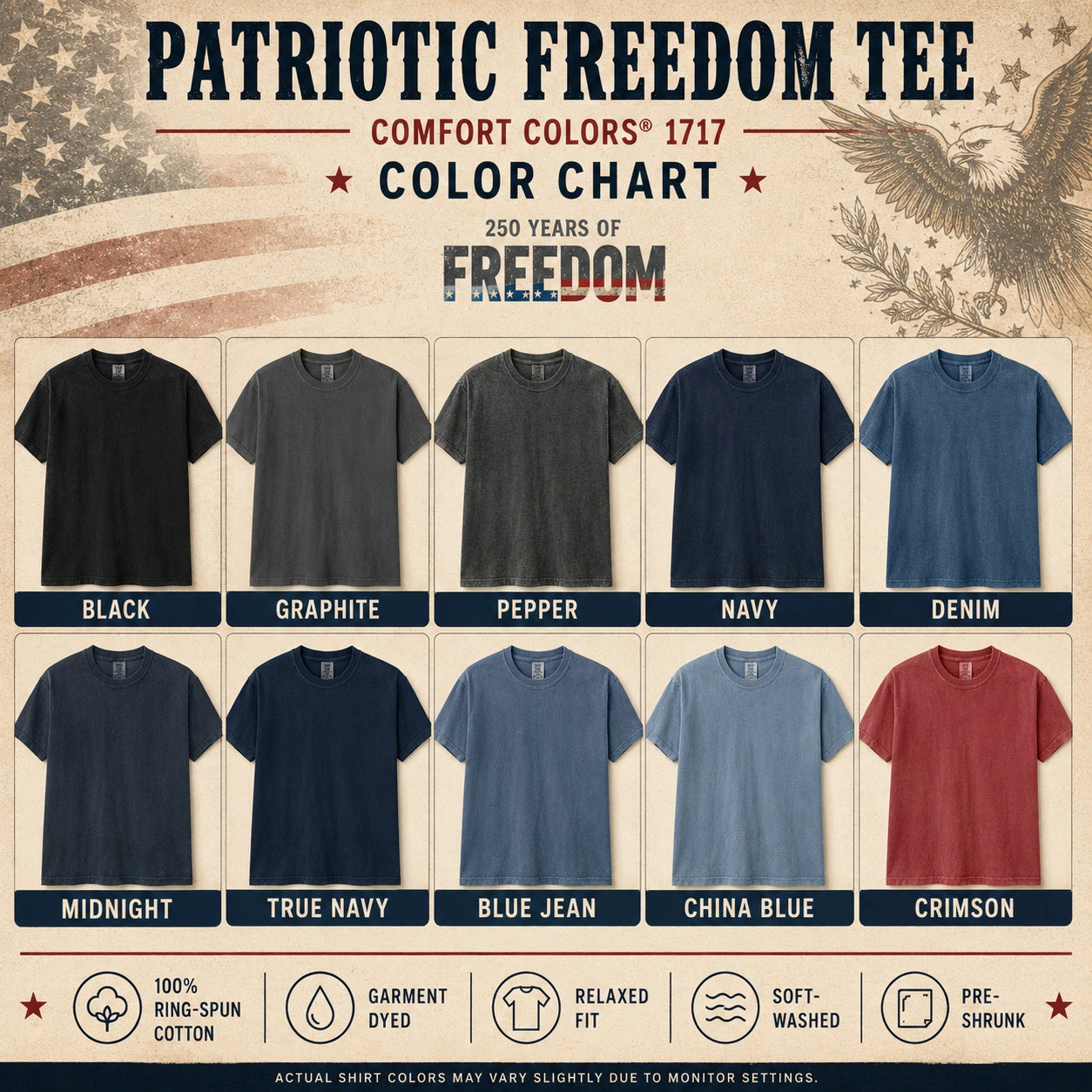 America 250 Freedom Shirt color chart featuring Black, Graphite, Pepper, Navy, Midnight, True Navy, Denim, Blue Jean, China Blue and Crimson options.