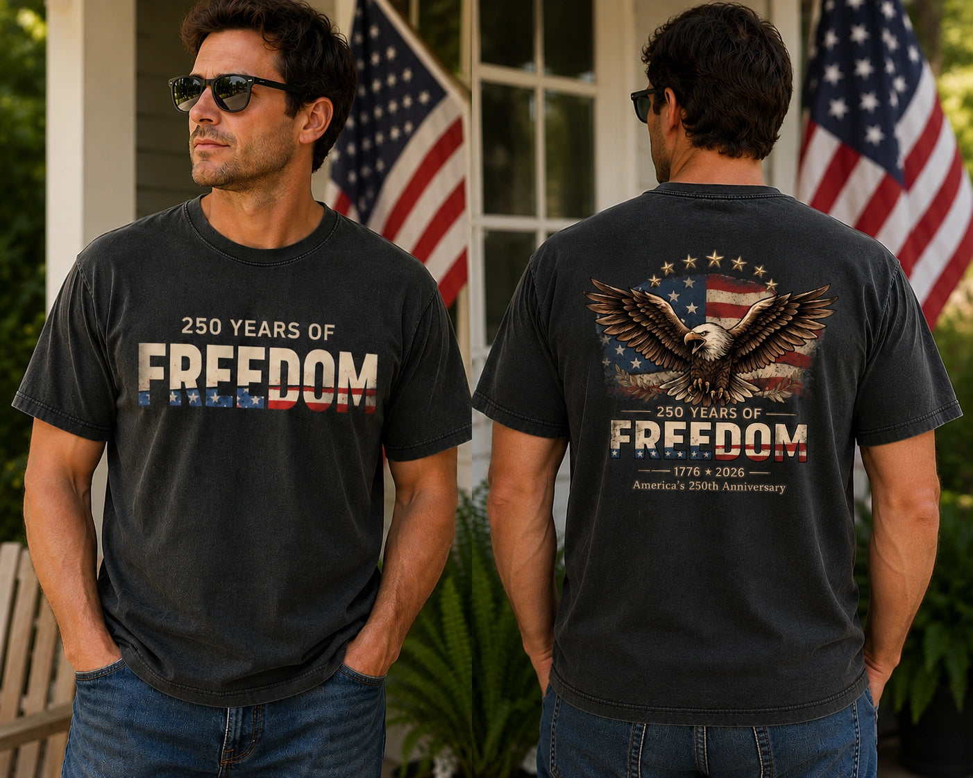 Man wearing America 250 Freedom Shirt featuring a vintage Freedom front design and patriotic eagle back print celebrating America's 250th Anniversary.