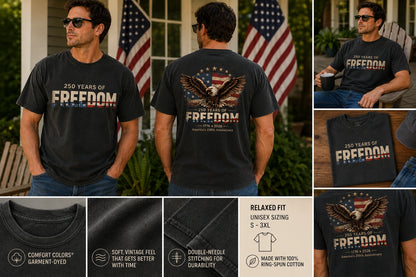 Patriotic America 250 Freedom Shirt shown from front and back featuring vintage Americana artwork and eagle graphic design.