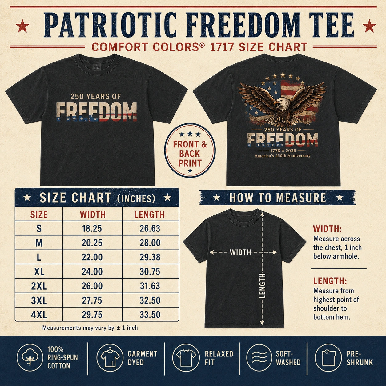 America 250 Freedom Shirt size chart with garment measurements, sizing information and front and back design preview.