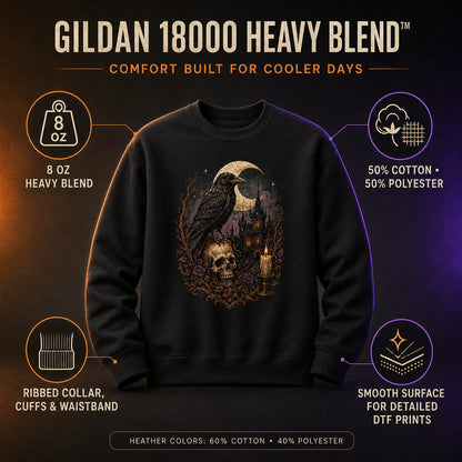 Gildan 18000 Halloween sweatshirt infographic showing 8 oz fabric, 50/50 blend, ribbed trim and a smooth DTF printing surface.