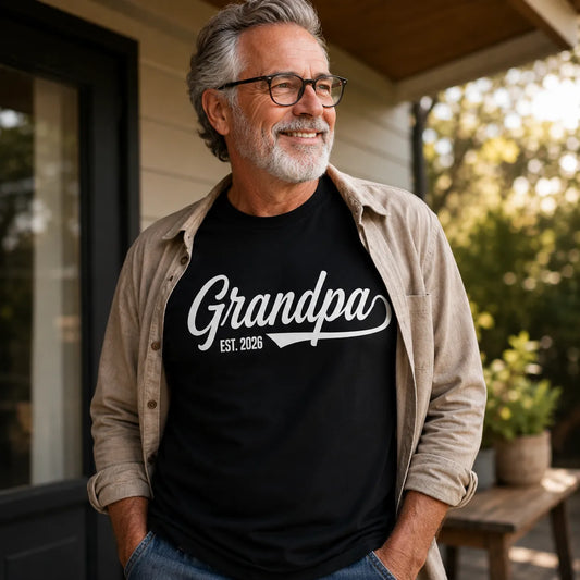 Personalized grandpa est. year t-shirt worn by a modern grandfather in a warm outdoor lifestyle setting