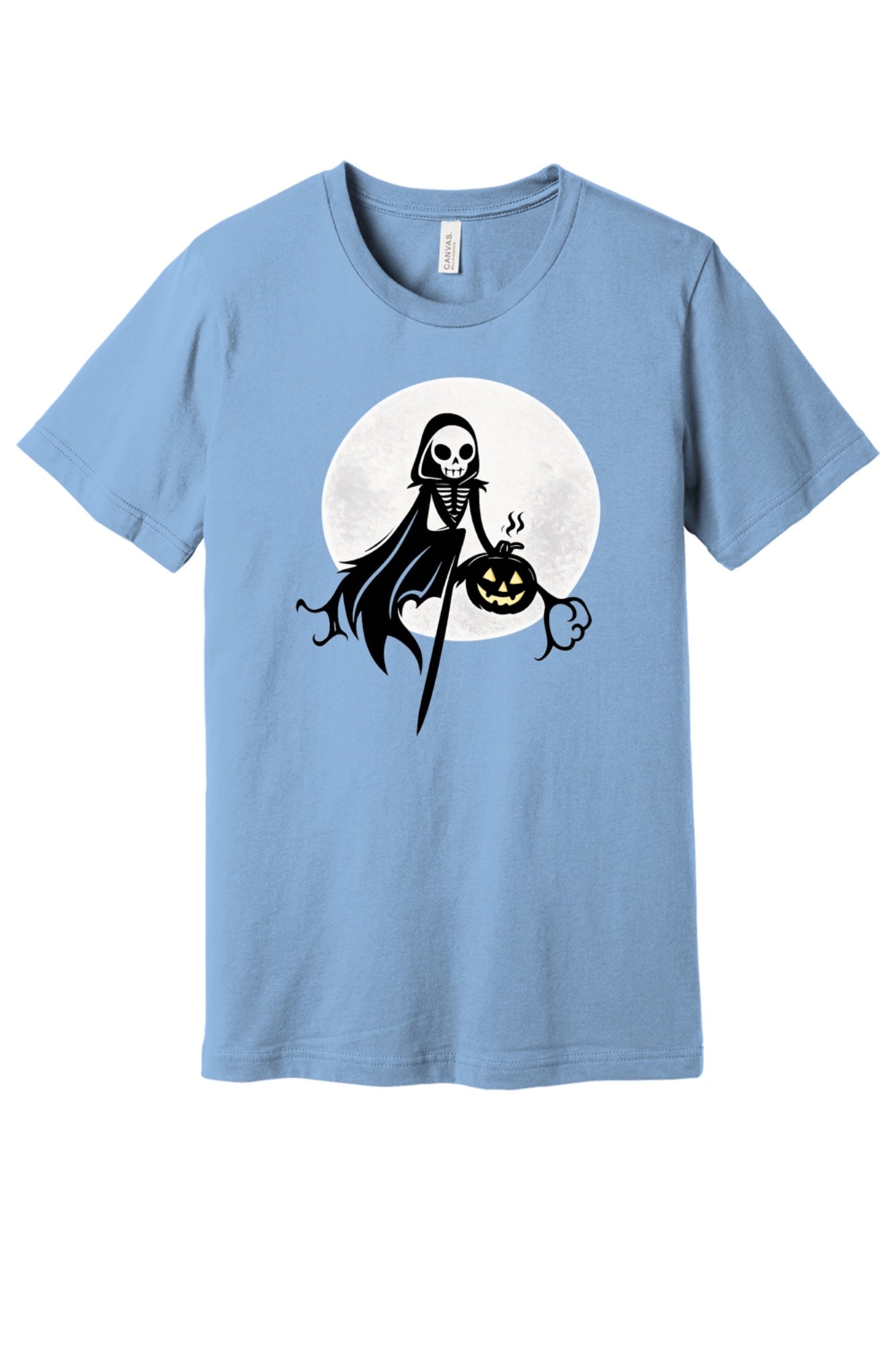 Grim reaper skeleton holding jack-o-lantern Halloween graphic tee with moon background, printed unisex shirt in Baby Blue