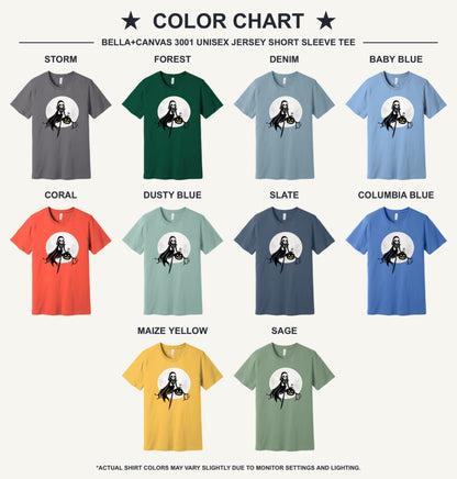 Grim reaper skeleton holding jack-o-lantern Halloween graphic tee with moon background, printed unisex shirt - available shirt colors chart