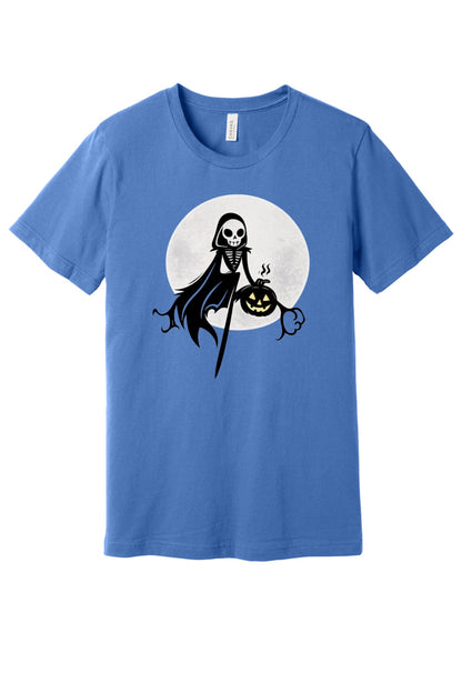 Grim reaper skeleton holding jack-o-lantern Halloween graphic tee with moon background, printed unisex shirt in Columbia Blue