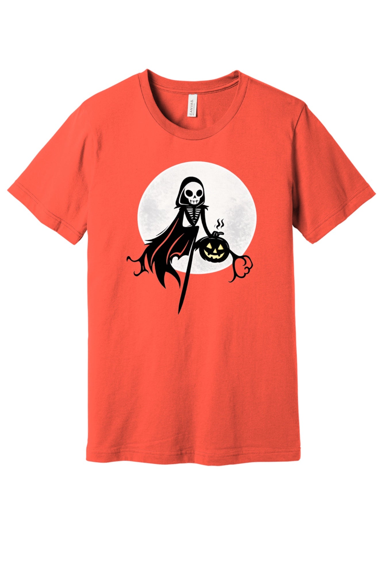 Grim reaper skeleton holding jack-o-lantern Halloween graphic tee with moon background, printed unisex shirt in Coral