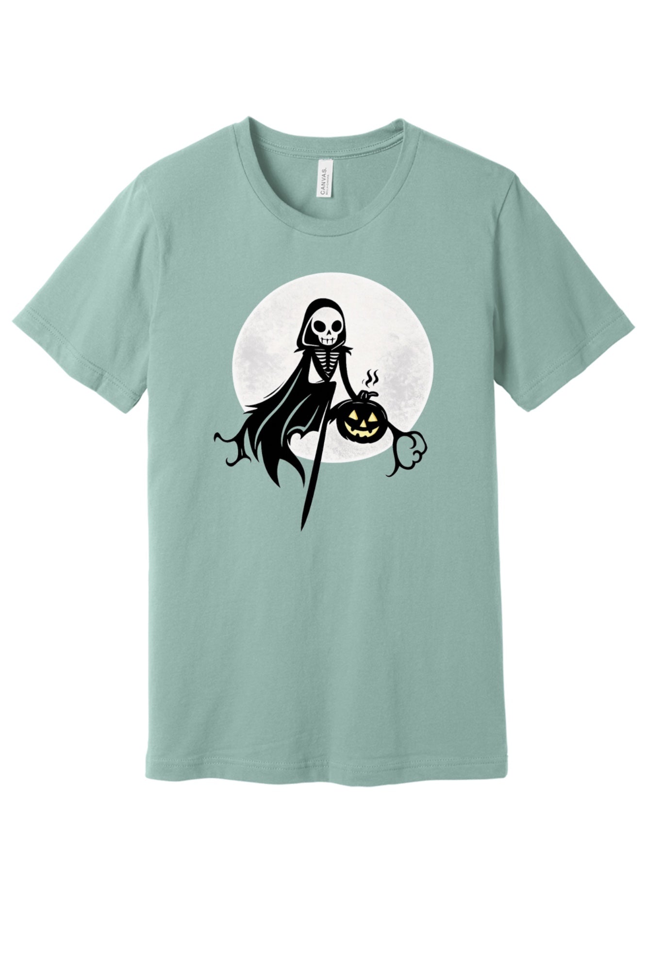 Grim reaper skeleton holding jack-o-lantern Halloween graphic tee with moon background, printed unisex shirt in Dusty Blue