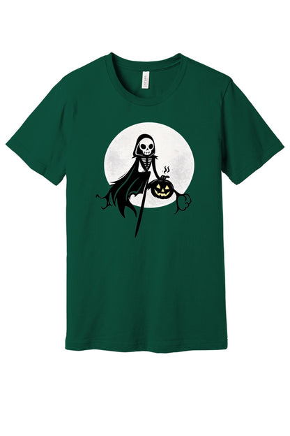 Grim reaper skeleton holding jack-o-lantern Halloween graphic tee with moon background, printed unisex shirt in Forest