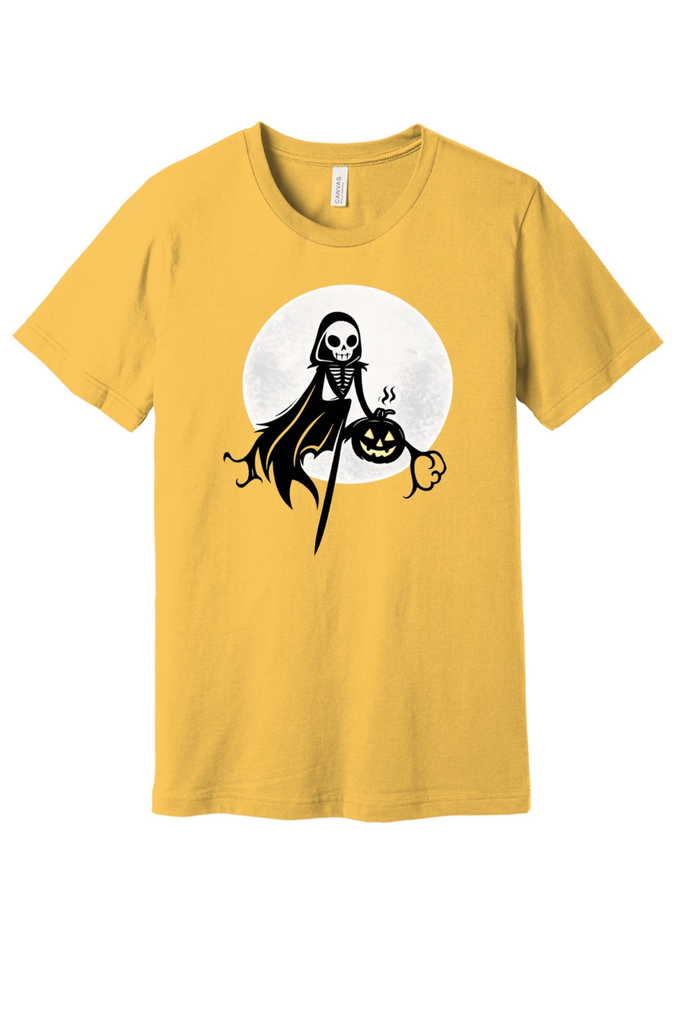 Grim reaper skeleton holding jack-o-lantern Halloween graphic tee with moon background, printed unisex shirt in Maize Yellow