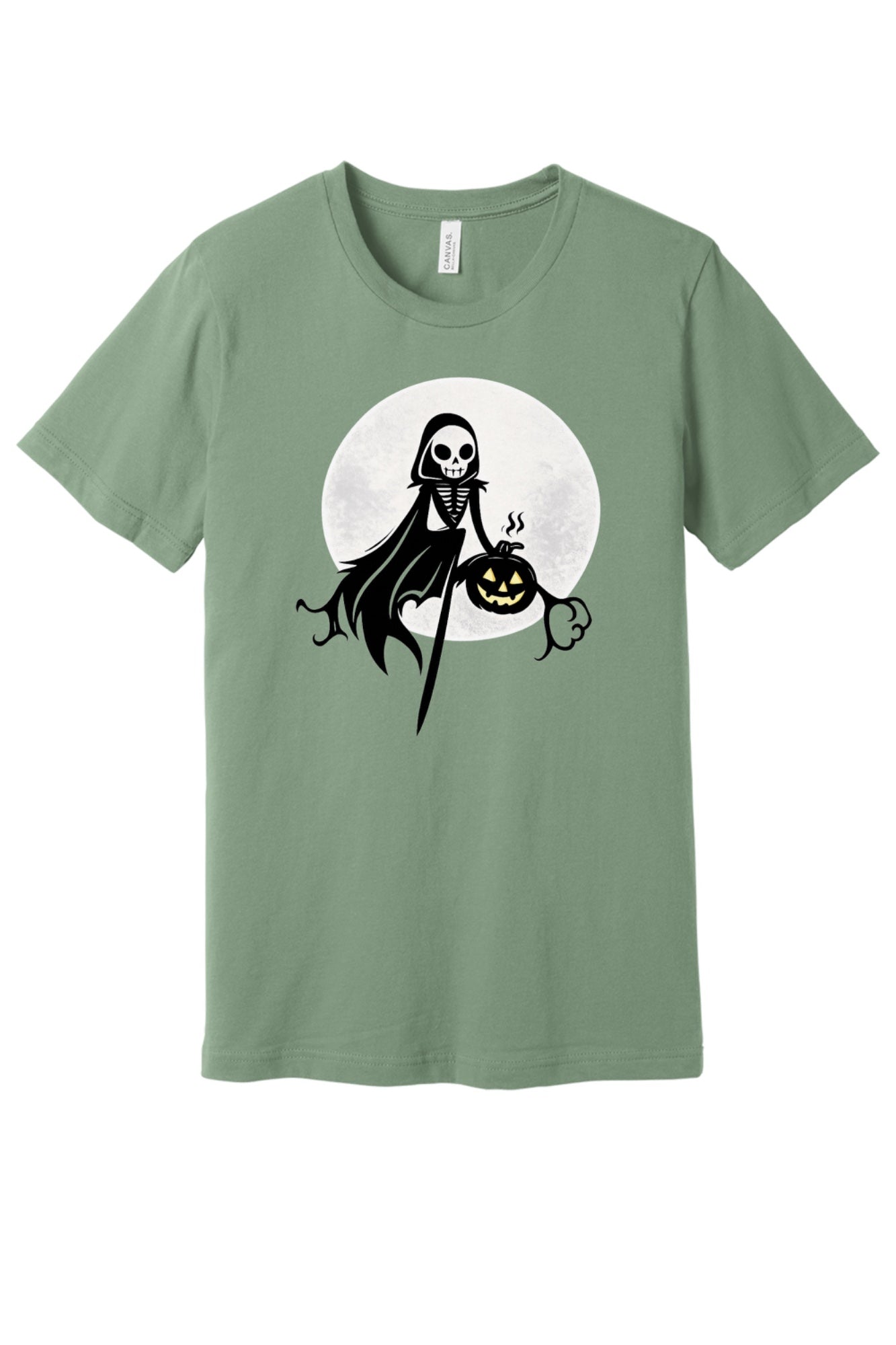 Grim reaper skeleton holding jack-o-lantern Halloween graphic tee with moon background, printed unisex shirt in Sage