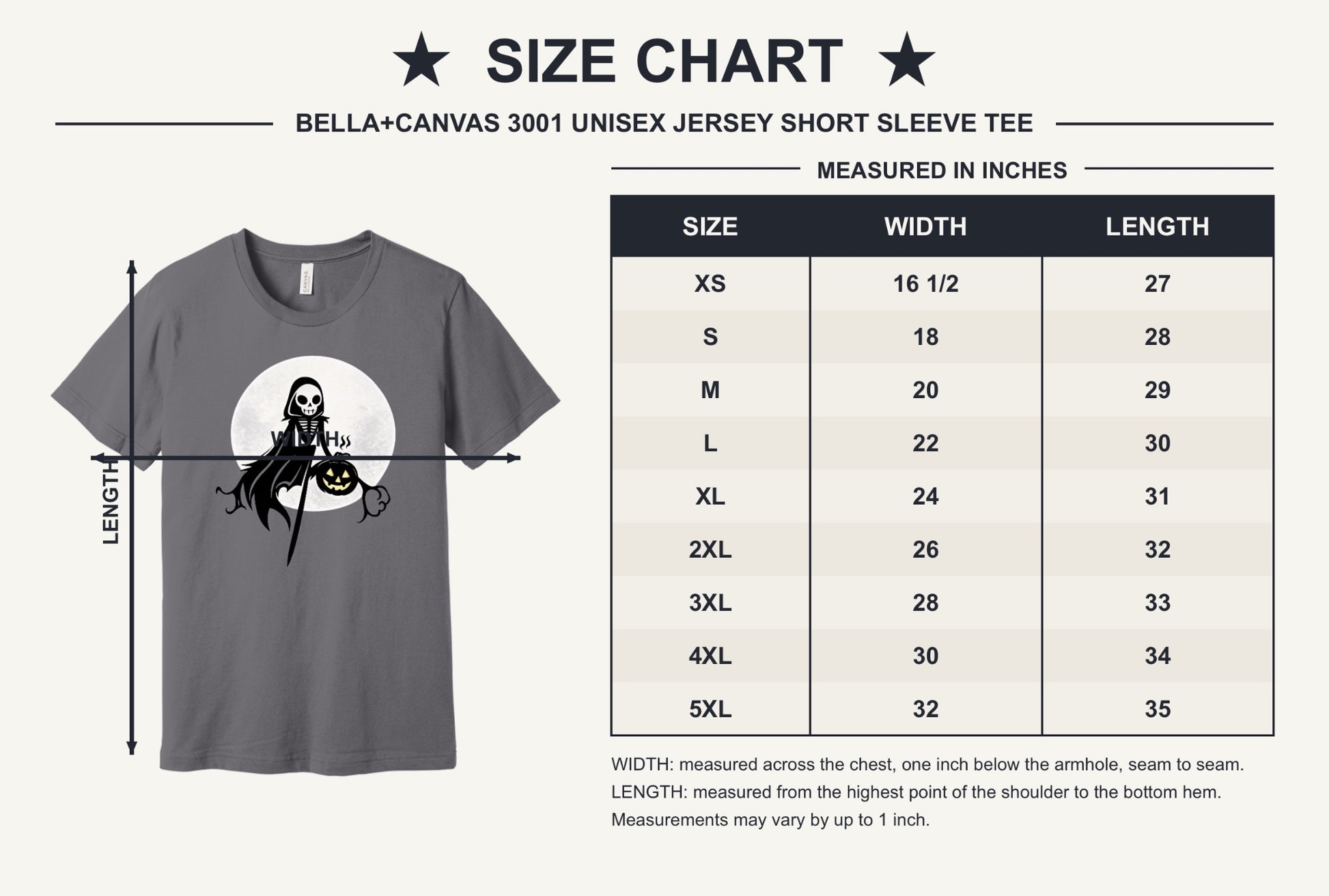 Grim reaper skeleton holding jack-o-lantern Halloween graphic tee with moon background, printed unisex shirt - size chart
