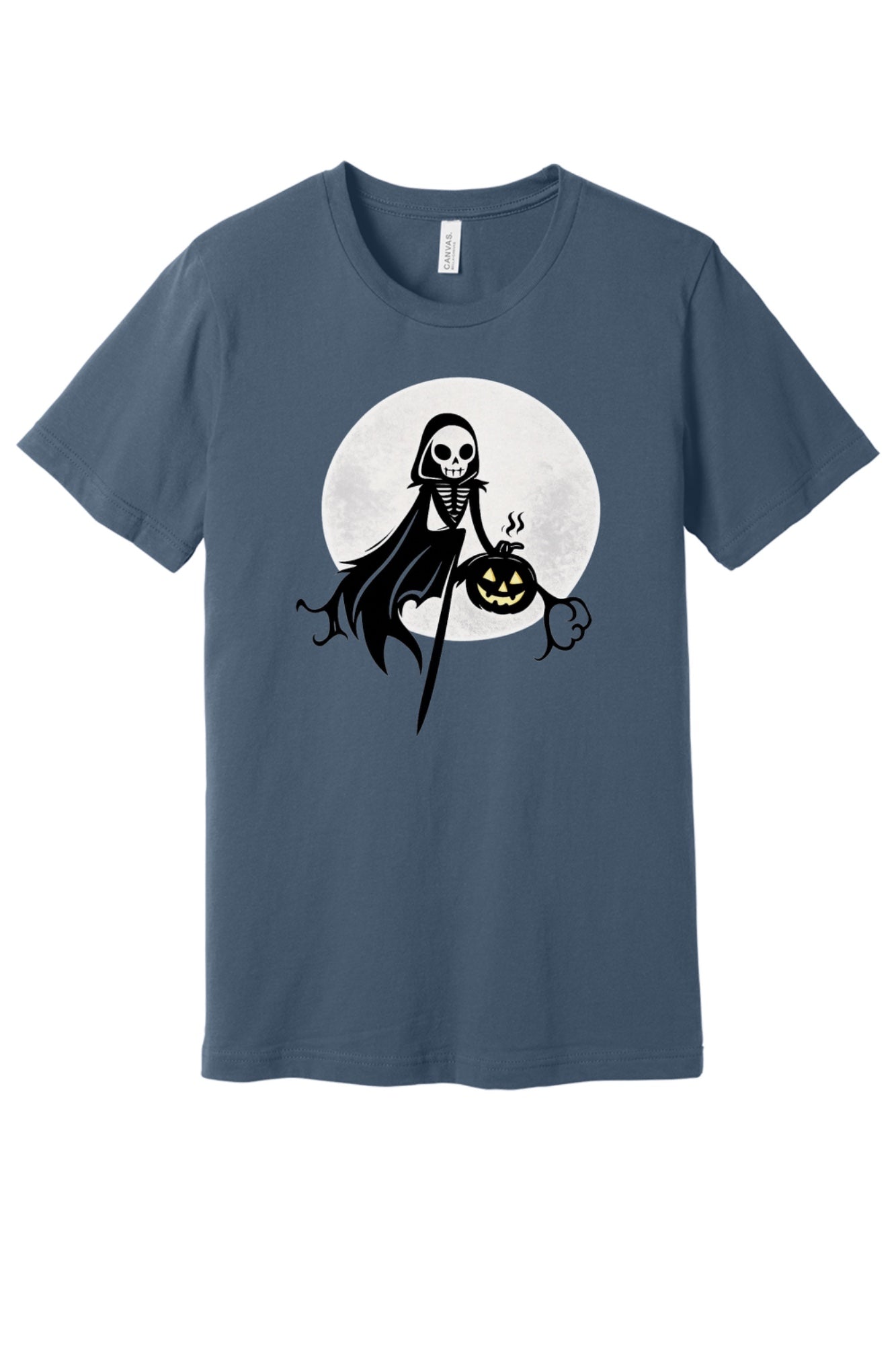 Grim reaper skeleton holding jack-o-lantern Halloween graphic tee with moon background, printed unisex shirt in Slate
