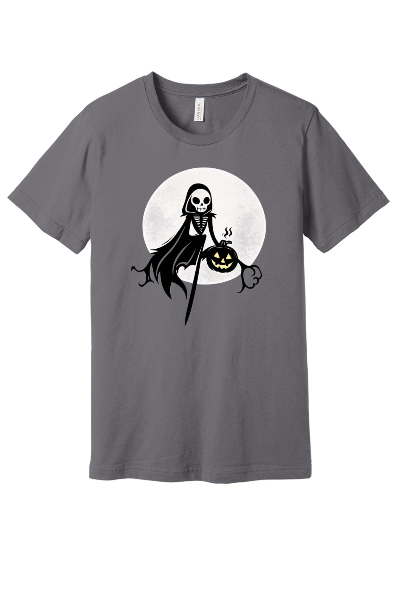 Grim reaper skeleton holding jack-o-lantern Halloween graphic tee with moon background, printed unisex shirt in Storm