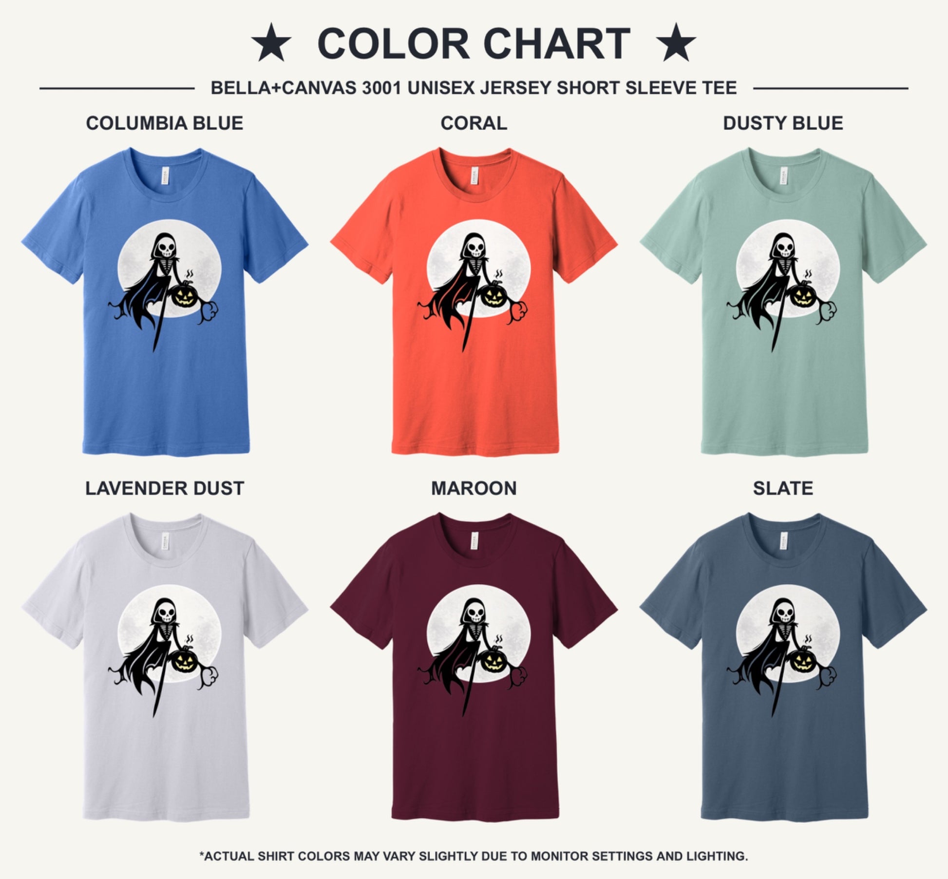 Grim Reaper skeleton holding jack-o-lantern Halloween cartoon printed unisex tee, BELLA+CANVAS 3001 - available shirt colors chart