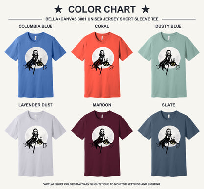 Grim Reaper skeleton holding jack-o-lantern Halloween cartoon printed unisex tee, BELLA+CANVAS 3001 - available shirt colors chart