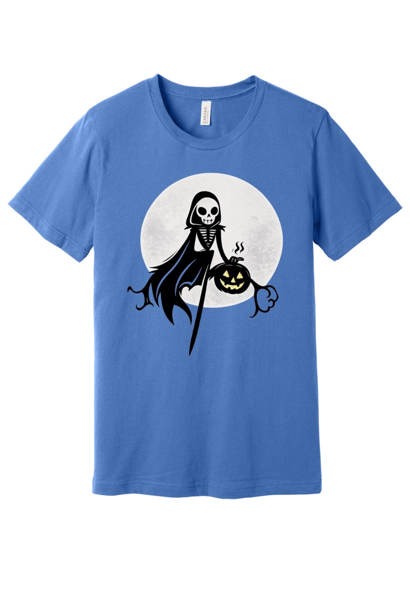 Grim Reaper skeleton holding jack-o-lantern Halloween cartoon printed unisex tee, BELLA+CANVAS 3001 in Columbia Blue