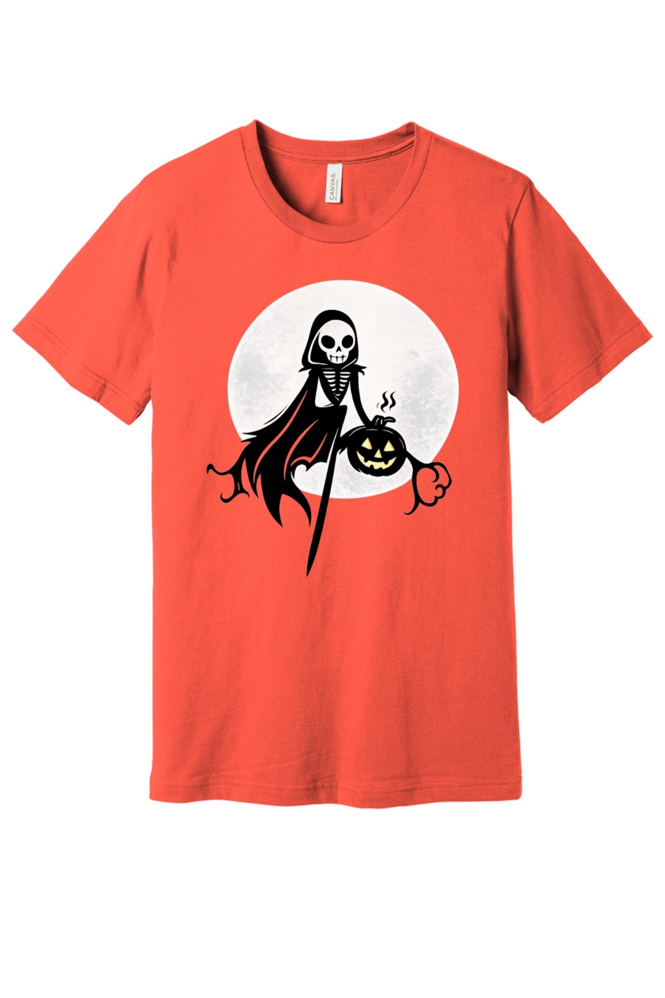 Grim Reaper skeleton holding jack-o-lantern Halloween cartoon printed unisex tee, BELLA+CANVAS 3001 in Coral