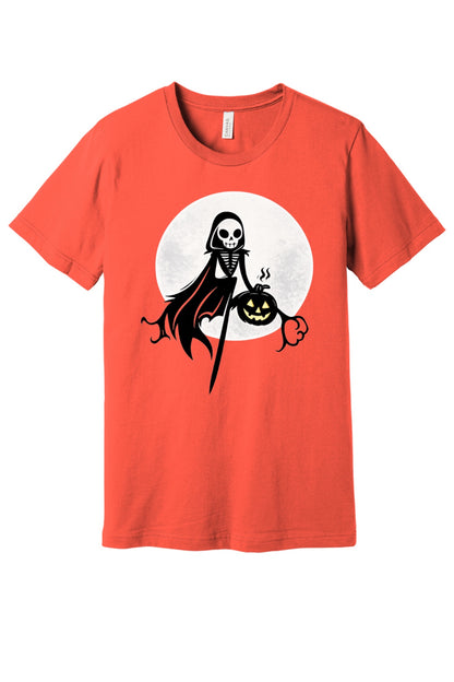 Grim Reaper skeleton holding jack-o-lantern Halloween cartoon printed unisex tee, BELLA+CANVAS 3001 in Coral