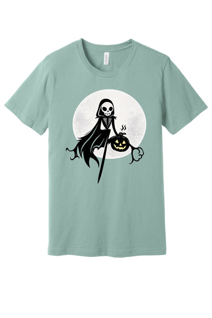 Grim Reaper skeleton holding jack-o-lantern Halloween cartoon printed unisex tee, BELLA+CANVAS 3001 in Dusty Blue