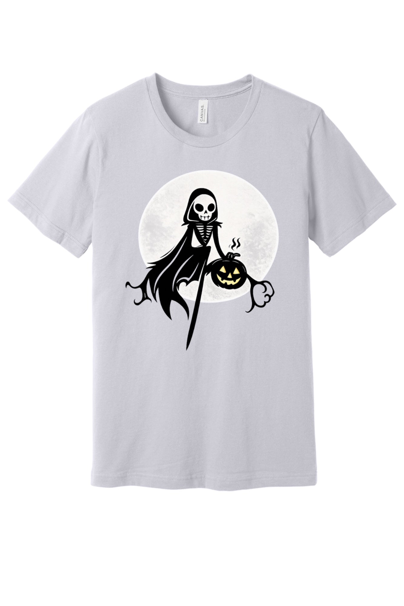 Grim Reaper skeleton holding jack-o-lantern Halloween cartoon printed unisex tee, BELLA+CANVAS 3001 in Lavender Dust