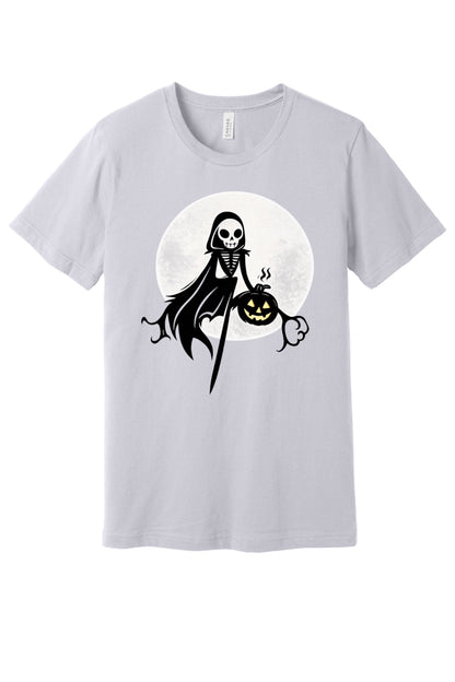 Grim Reaper skeleton holding jack-o-lantern Halloween cartoon printed unisex tee, BELLA+CANVAS 3001 in Lavender Dust