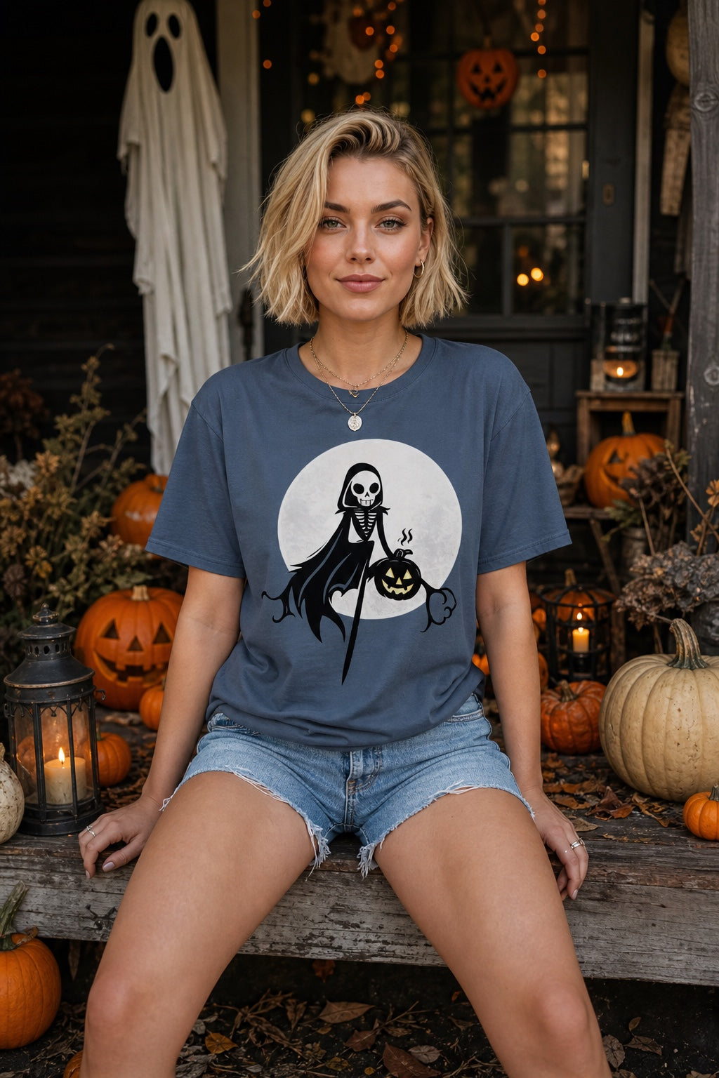 Grim Reaper skeleton holding jack-o-lantern Halloween cartoon printed unisex tee, BELLA+CANVAS 3001 worn by a model