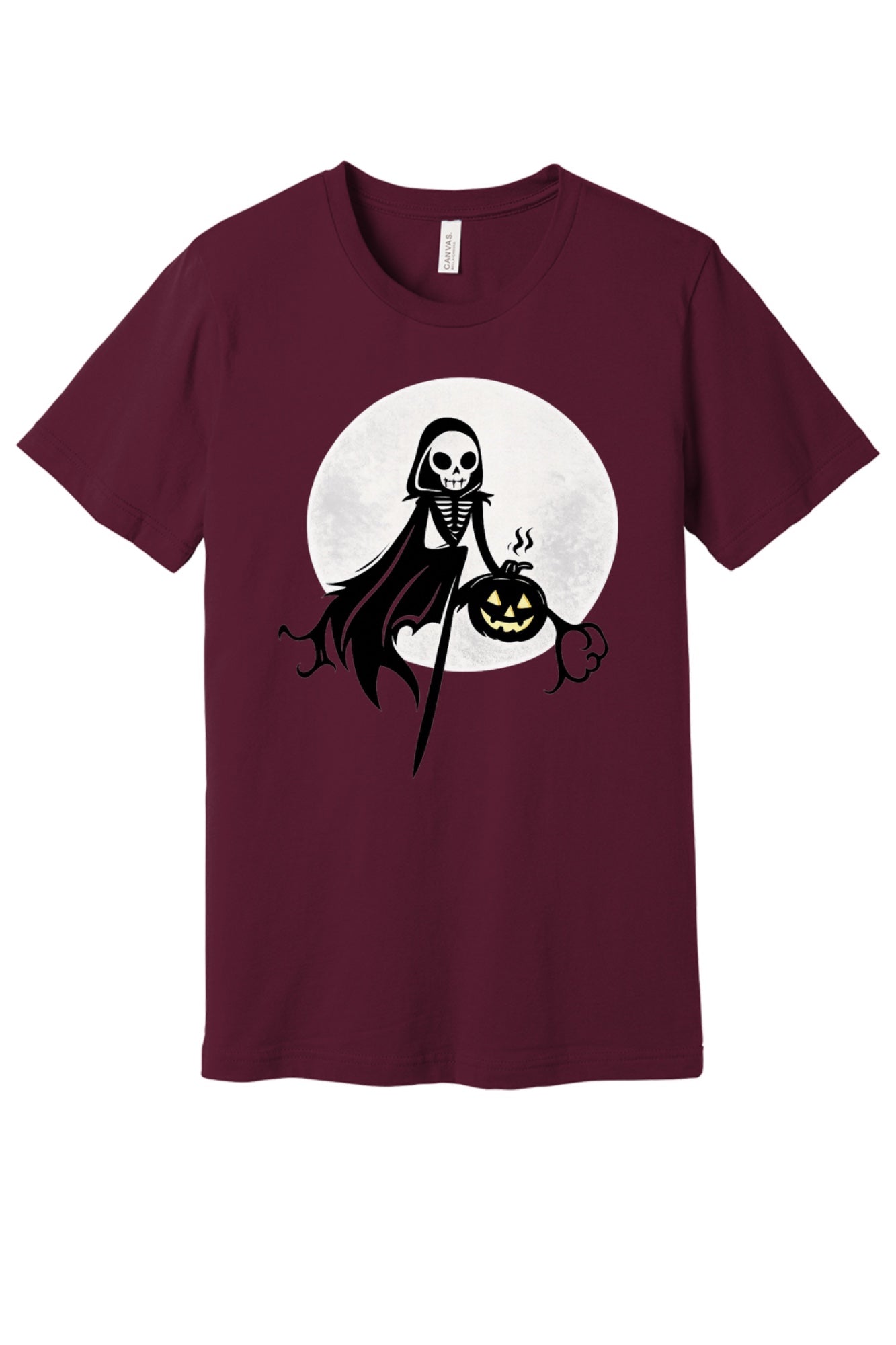 Grim Reaper skeleton holding jack-o-lantern Halloween cartoon printed unisex tee, BELLA+CANVAS 3001 in Maroon
