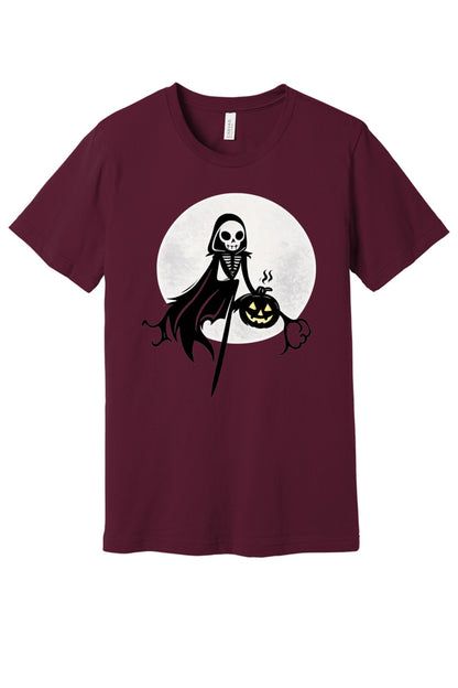 Grim Reaper skeleton holding jack-o-lantern Halloween cartoon printed unisex tee, BELLA+CANVAS 3001 in Maroon