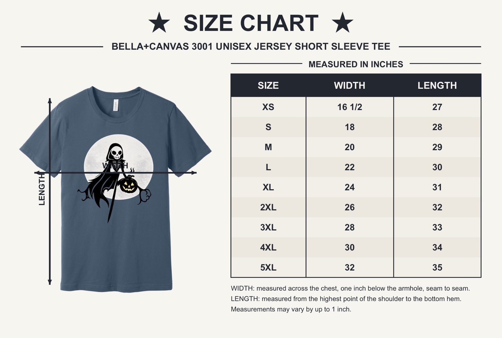 Grim Reaper skeleton holding jack-o-lantern Halloween cartoon printed unisex tee, BELLA+CANVAS 3001 - size chart