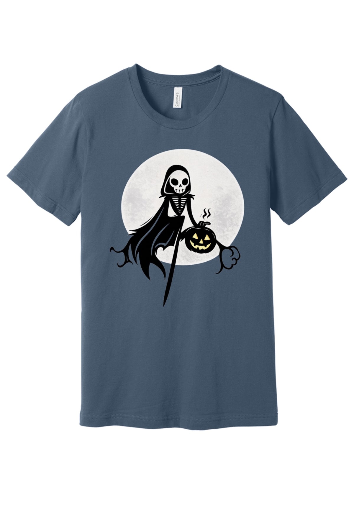 Grim Reaper skeleton holding jack-o-lantern Halloween cartoon printed unisex tee, BELLA+CANVAS 3001 in Slate
