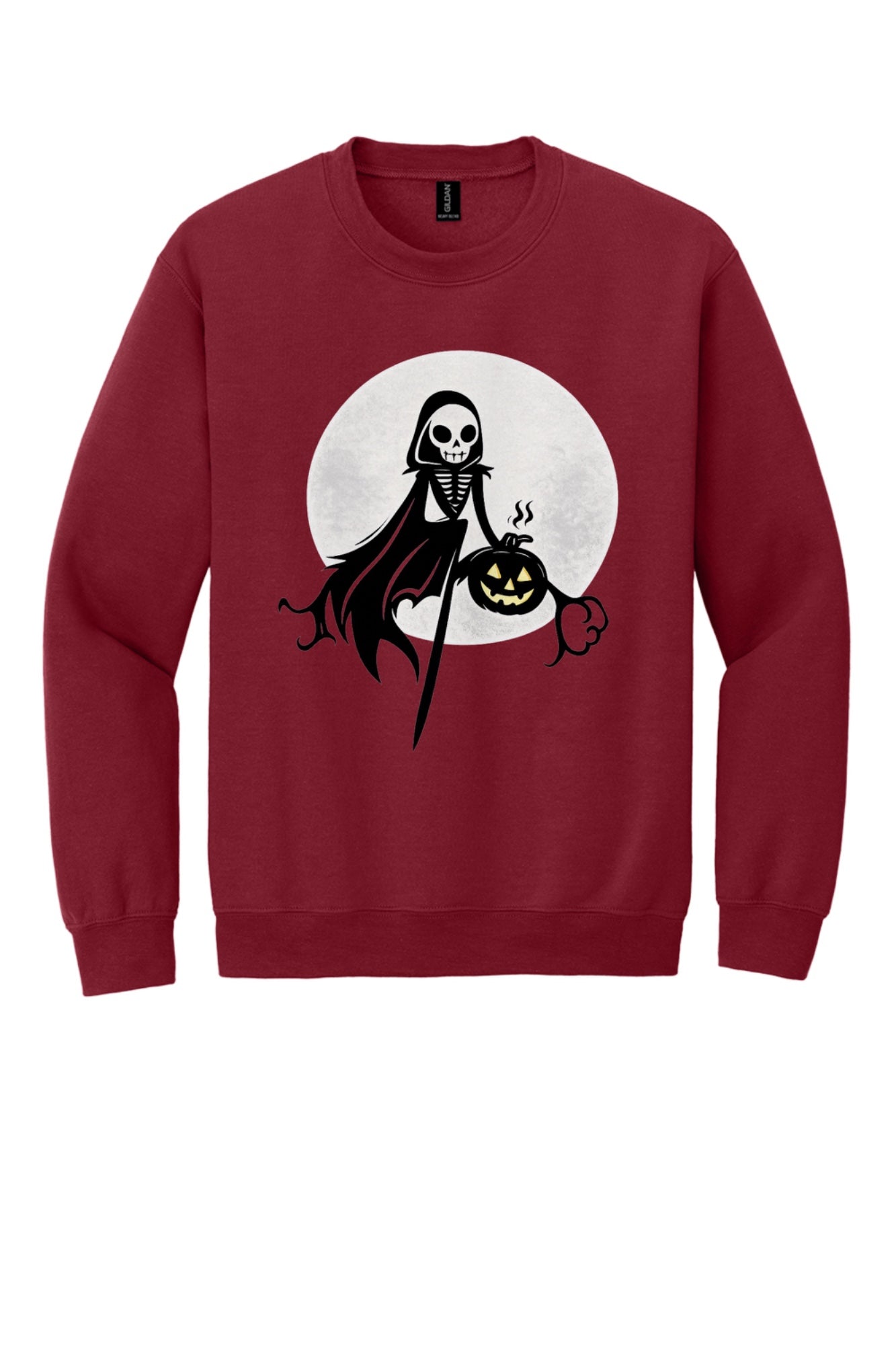 Grim reaper skeleton holding jack-o-lantern Halloween print on a crewneck sweatshirt in Cardinal Red