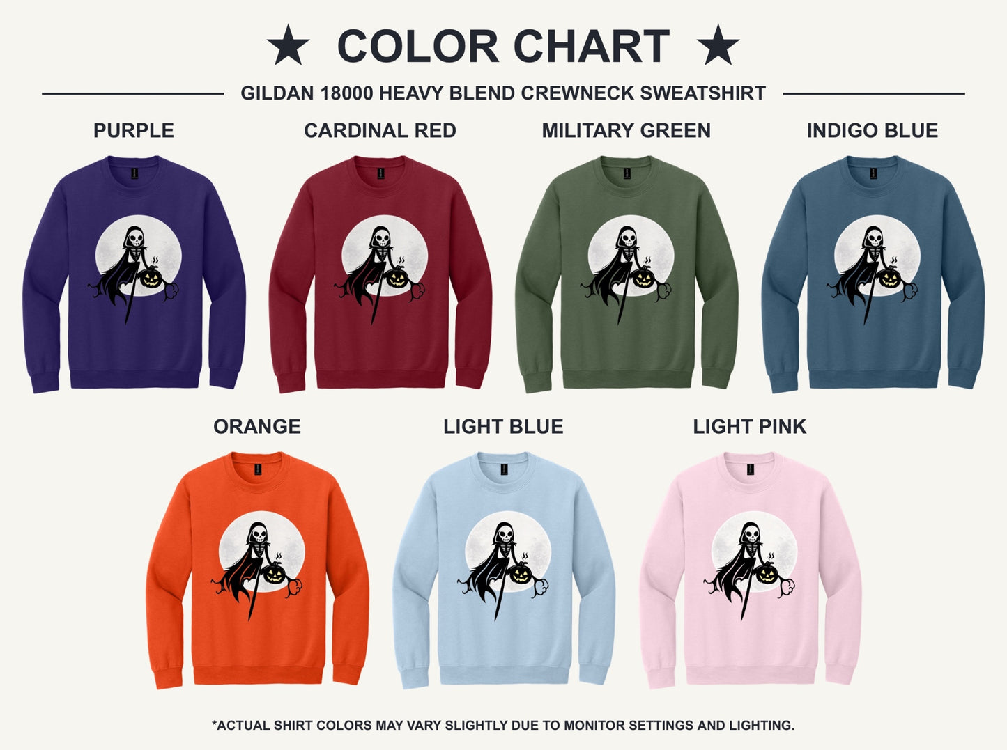 Grim reaper skeleton holding jack-o-lantern Halloween print on a crewneck sweatshirt - available shirt colors chart