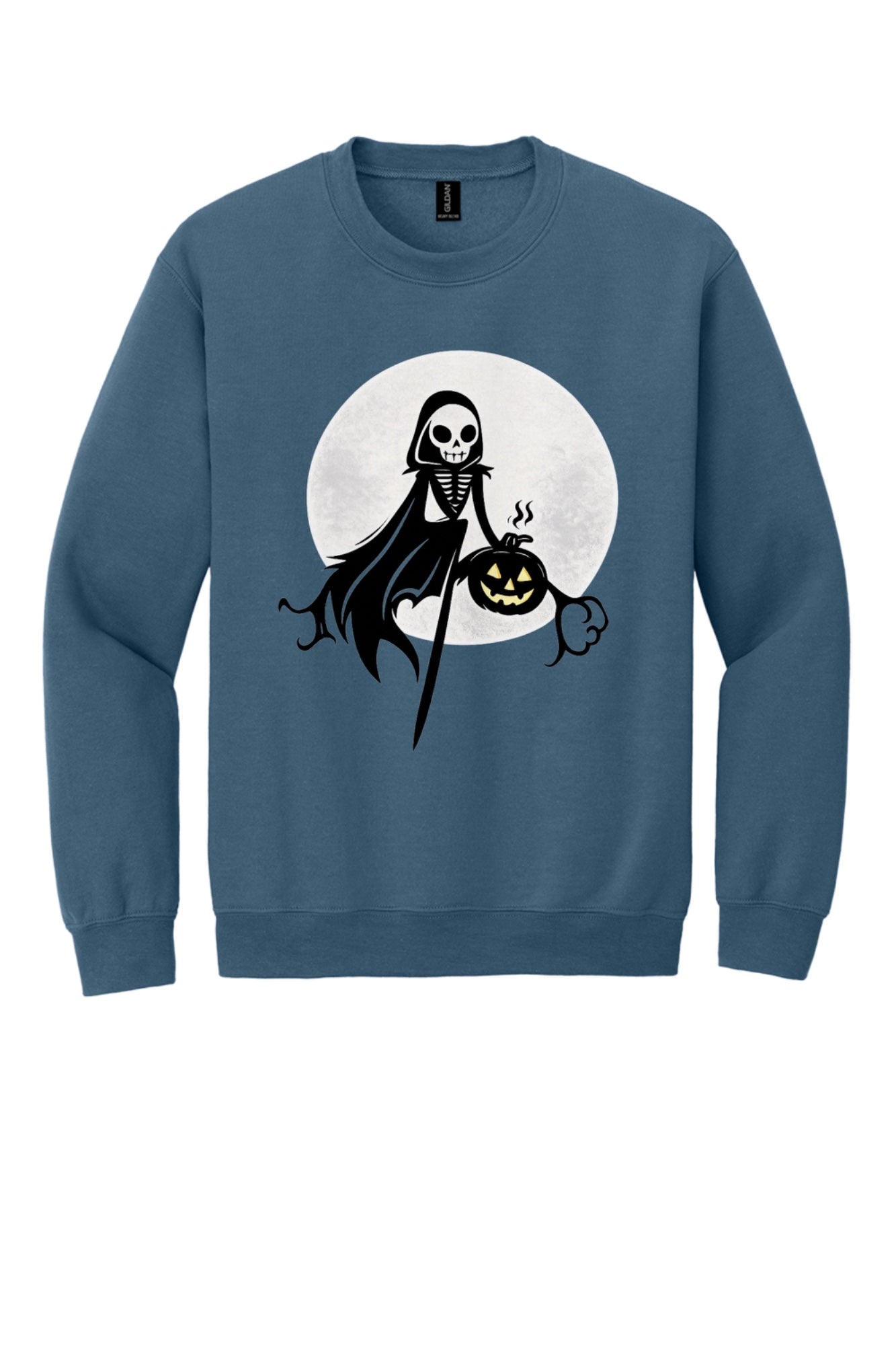 Grim reaper skeleton holding jack-o-lantern Halloween print on a crewneck sweatshirt in Indigo Blue
