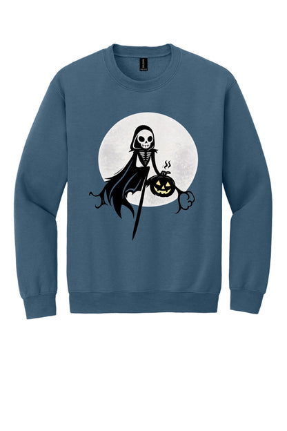 Grim reaper skeleton holding jack-o-lantern Halloween print on a crewneck sweatshirt in Indigo Blue