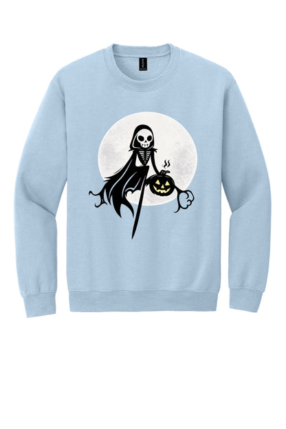 Grim reaper skeleton holding jack-o-lantern Halloween print on a crewneck sweatshirt in Light Blue