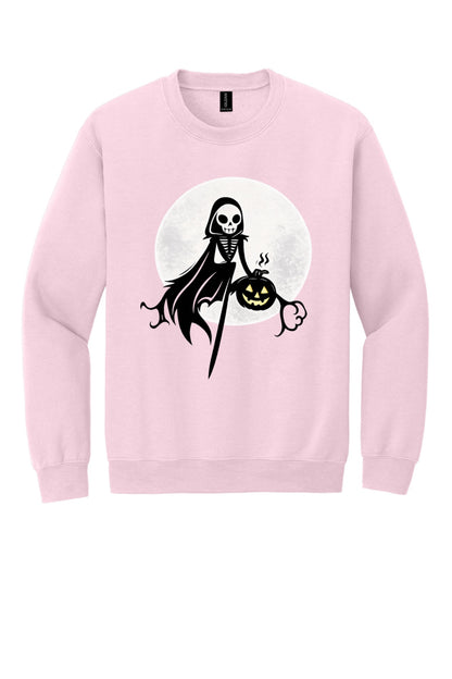 Grim reaper skeleton holding jack-o-lantern Halloween print on a crewneck sweatshirt in Light Pink