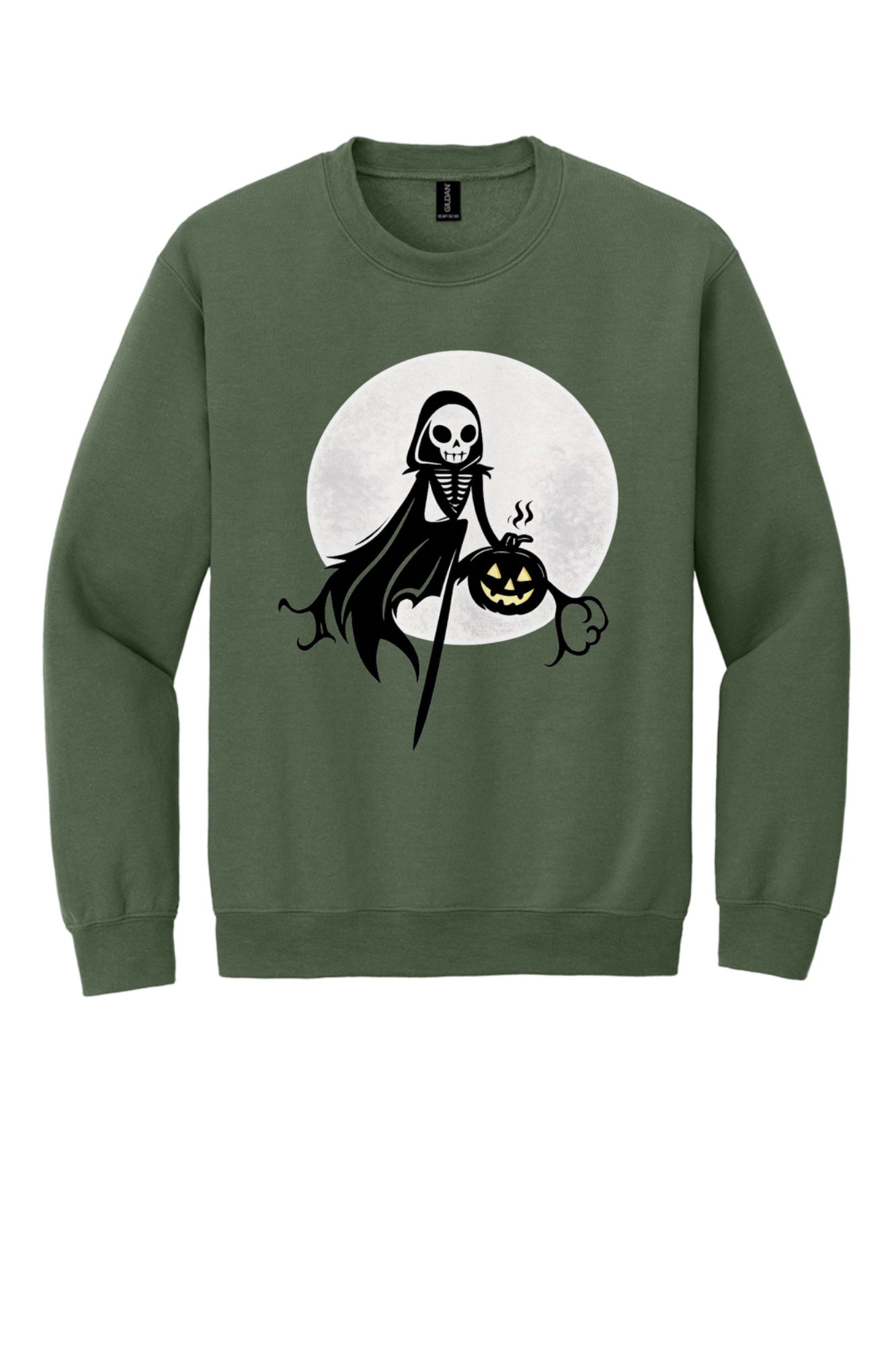 Grim reaper skeleton holding jack-o-lantern Halloween print on a crewneck sweatshirt in Military Green