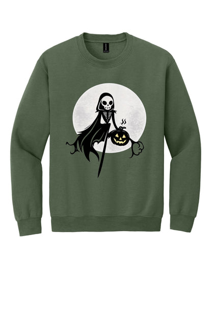 Grim reaper skeleton holding jack-o-lantern Halloween print on a crewneck sweatshirt in Military Green