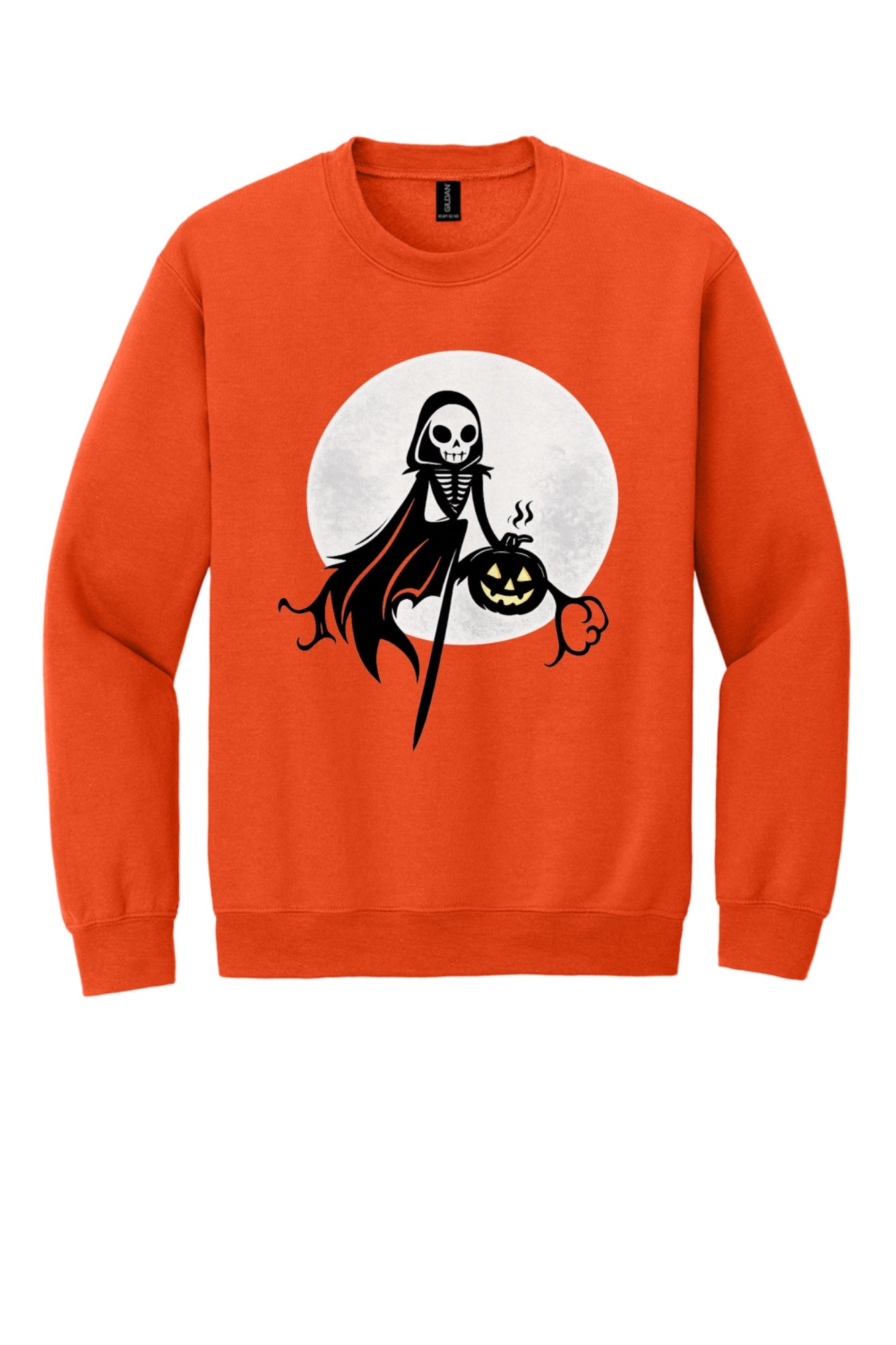 Grim reaper skeleton holding jack-o-lantern Halloween print on a crewneck sweatshirt in Orange
