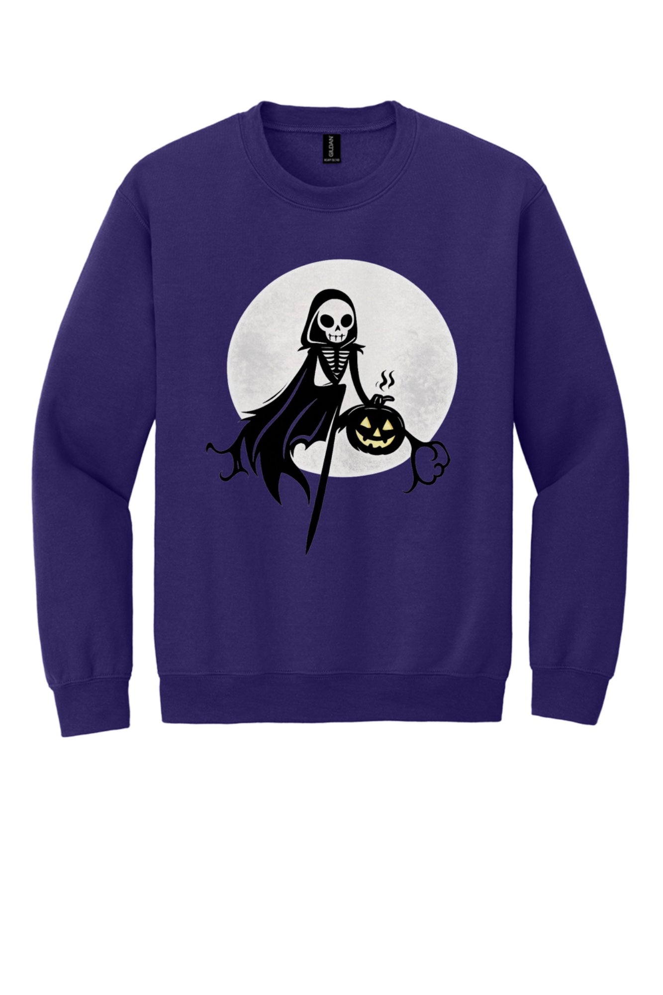 Grim reaper skeleton holding jack-o-lantern Halloween print on a crewneck sweatshirt in Purple