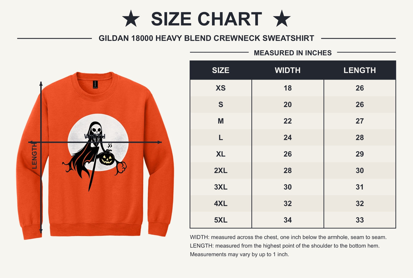 Grim reaper skeleton holding jack-o-lantern Halloween print on a crewneck sweatshirt - size chart