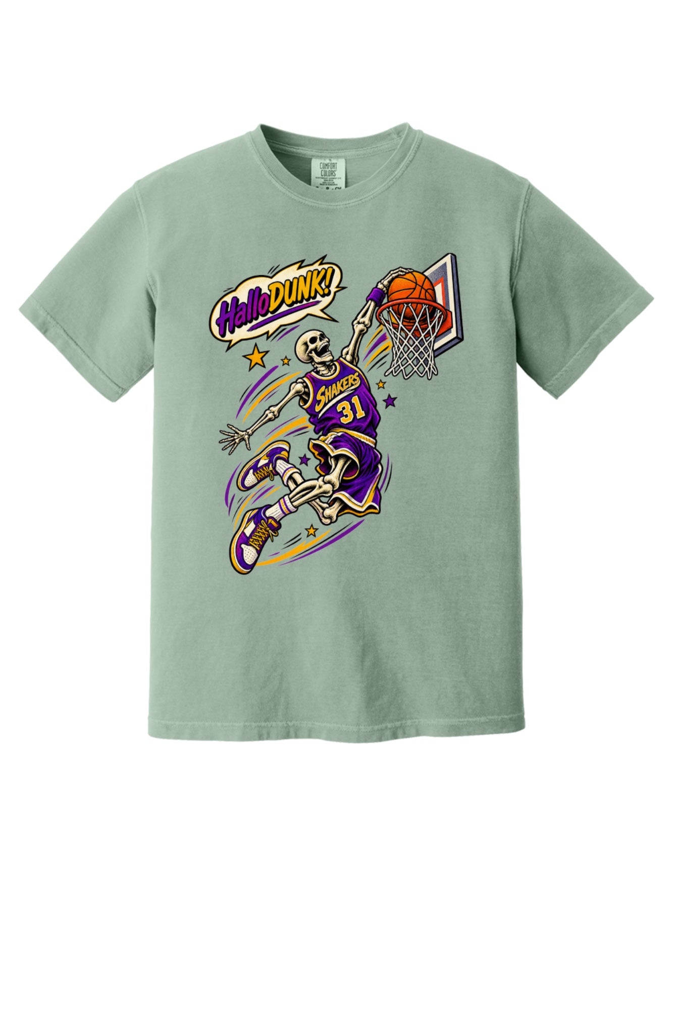 HalloDunk skeleton basketball dunk comic pop art print on Comfort Colors heavyweight tee, purple gold in Bay