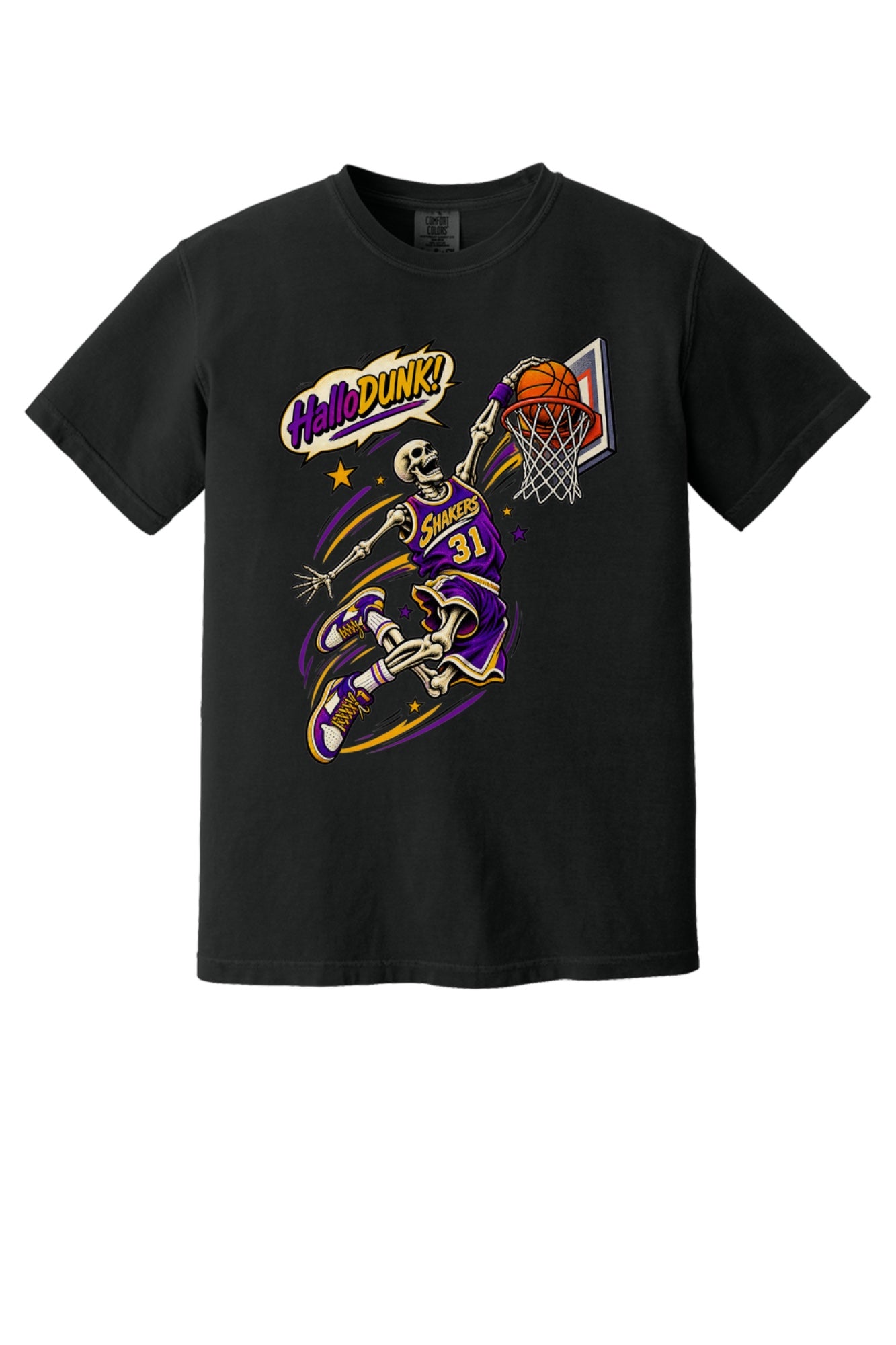 HalloDunk skeleton basketball dunk comic pop art print on Comfort Colors heavyweight tee, purple gold in Black