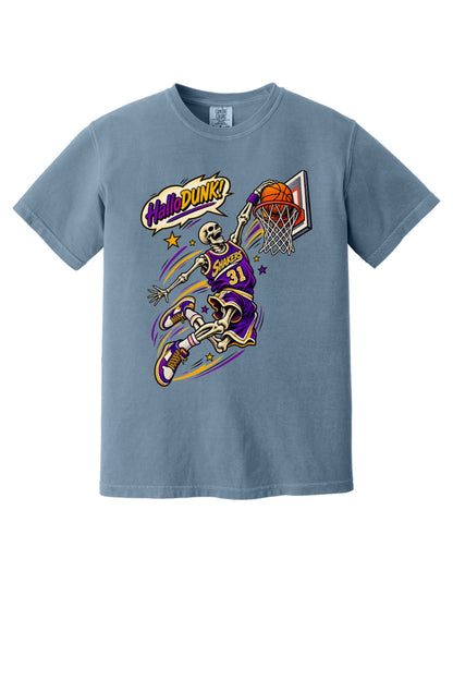 HalloDunk skeleton basketball dunk comic pop art print on Comfort Colors heavyweight tee, purple gold in Blue Jean