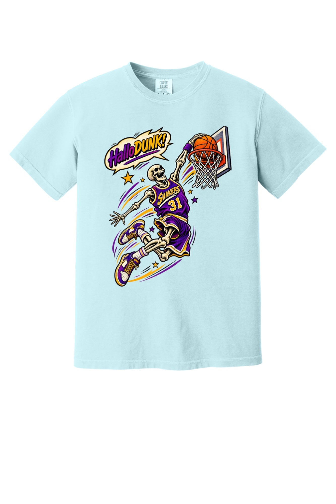 HalloDunk skeleton basketball dunk comic pop art print on Comfort Colors heavyweight tee, purple gold in Chambray