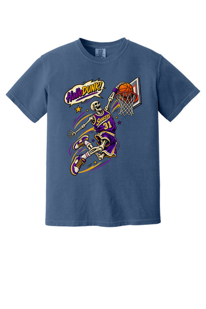 HalloDunk skeleton basketball dunk comic pop art print on Comfort Colors heavyweight tee, purple gold in China Blue