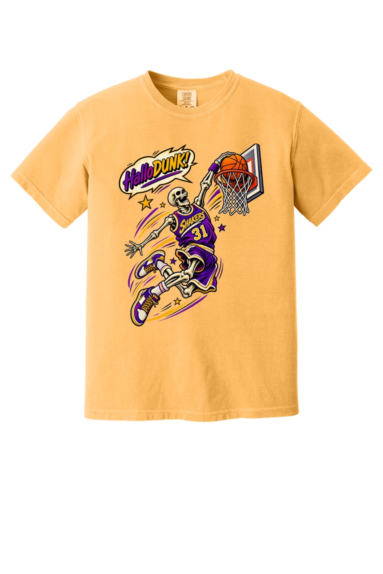 HalloDunk skeleton basketball dunk comic pop art print on Comfort Colors heavyweight tee, purple gold in Citrus