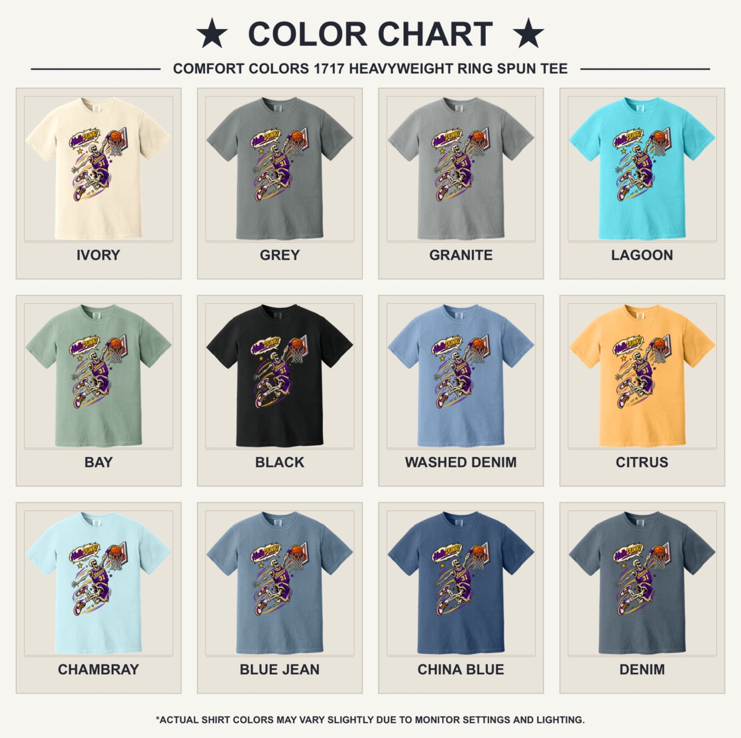 HalloDunk skeleton basketball dunk comic pop art print on Comfort Colors heavyweight tee, purple gold - available shirt colors chart